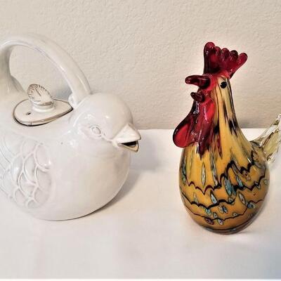 Lot #30  Hand Blow Glass Rooster and Bird Teapot