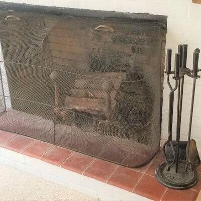 Lot #58  Fireplace Tool Set with Large Firescreen
