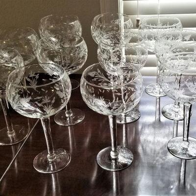 Lot #68  Set of 11 BEAUTIFUL etched crystal wine goblets