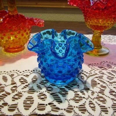 LOT  120  FENTON BASKET, COMPOTE & BLUE DEPRESION GLASS