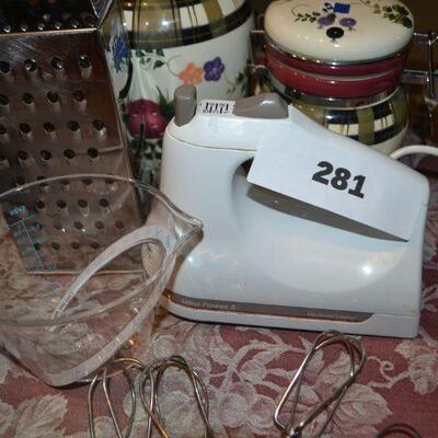 LOT 281 kitchen items and hand mixer