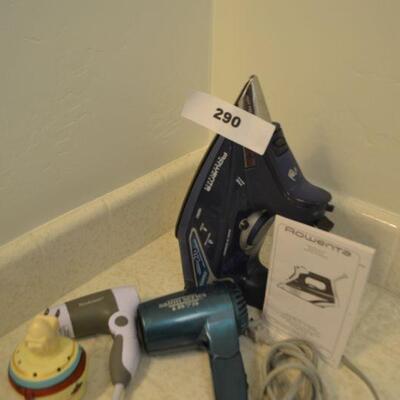 LOT 290 ROWENTA STEAMER AND IRON, PLUS HAIR DRYER AND IRONING BOARD