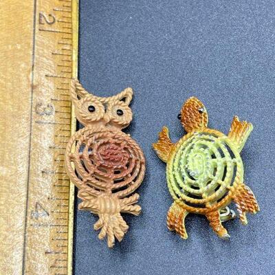 Vintage Painted Metal Turtle and Owl Pins from Mamselle