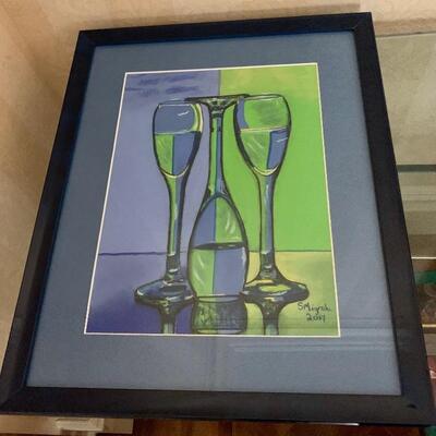 Pastel Painting “A Very Happy Hour”/ Navy Blue Lacquered Custom Frame w  Blue Matting  
