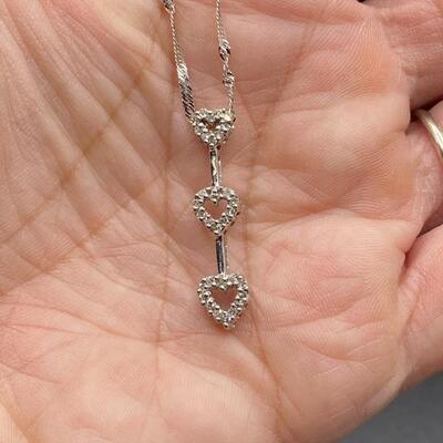 10k White Gold Triple Heart Diamond Journey Pendant Necklace