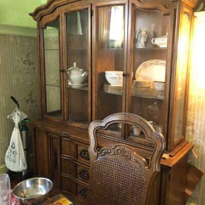 Brown Wood Dining Room Table, Six Chairs and China Cabinet