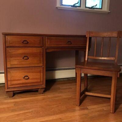 Vintage Oak Wooden Desk and Chair