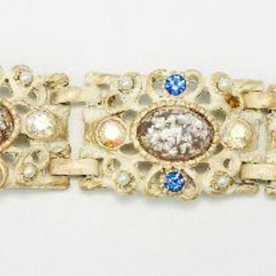 Vintage Antiqued Gold Over White Enamel Bracelet