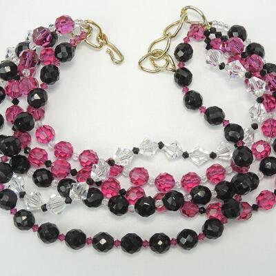 Crystal, Black and Fuschia Glass Bead Multi-Strand Necklace