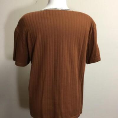 vintage rusty brown v-neck top, ribbed, lace trim, short sleeve, poly cotton blend, large L 