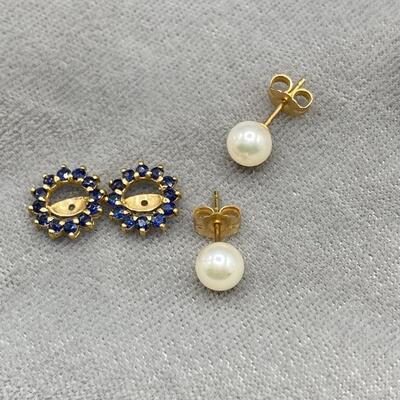 14k Sapphire and Pearl Earring and Brooch Set