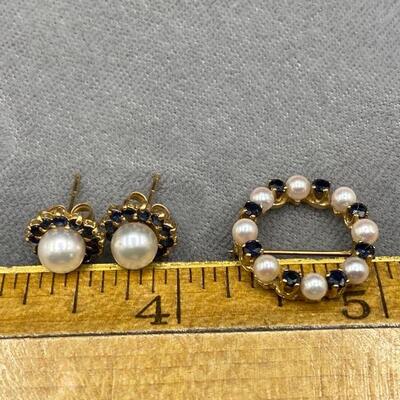 14k Sapphire and Pearl Earring and Brooch Set