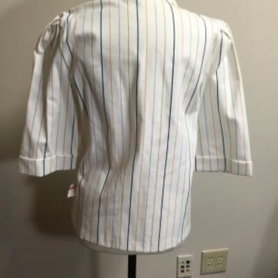 vintage NWT Striped Blazer, elbow length sleeve, white with navy, peach, and light brown stripes