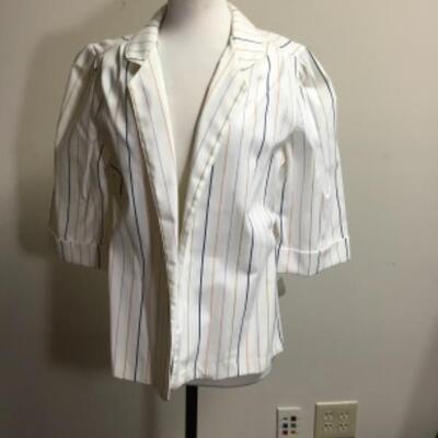 vintage NWT Striped Blazer, elbow length sleeve, white with navy, peach, and light brown stripes