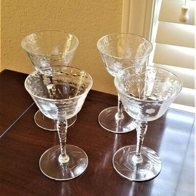 Lot #113  Set of 4 Vintage etched crystal Cordial glasses - very pretty