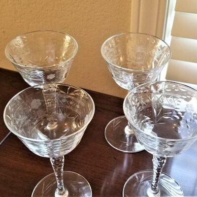 Lot #113  Set of 4 Vintage etched crystal Cordial glasses - very pretty