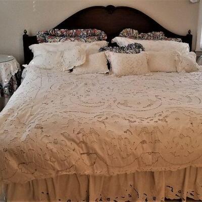 Lot #120  King Bed - set includes two side tables and Bed Linens