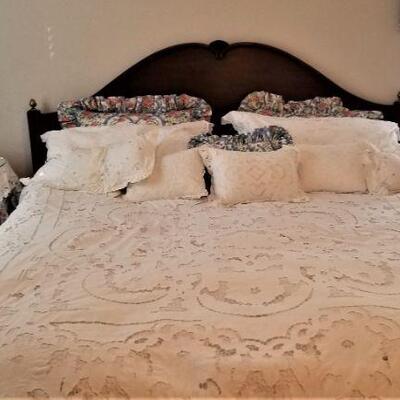 Lot #120  King Bed - set includes two side tables and Bed Linens
