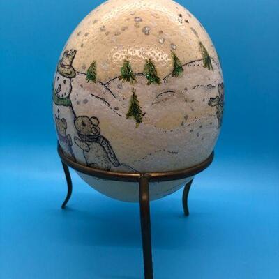Hand-Painted Ostrich Egg with stand - Winter Holiday theme
