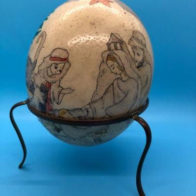 Hand-Painted Ostrich Egg with stand - Nativity theme