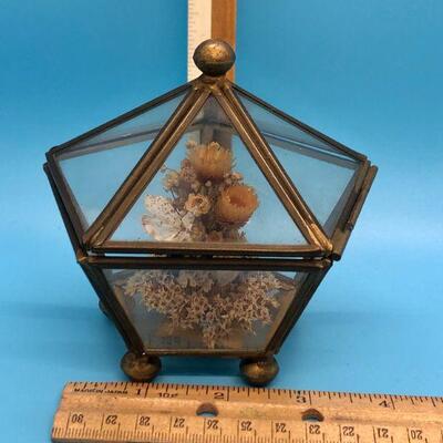 Brass & Glass Trinket Box, Pentagon Shaped Dome Lid, Vintage Jewelry Case, Miniature Display
