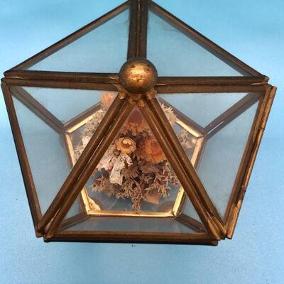 Brass & Glass Trinket Box, Pentagon Shaped Dome Lid, Vintage Jewelry Case, Miniature Display
