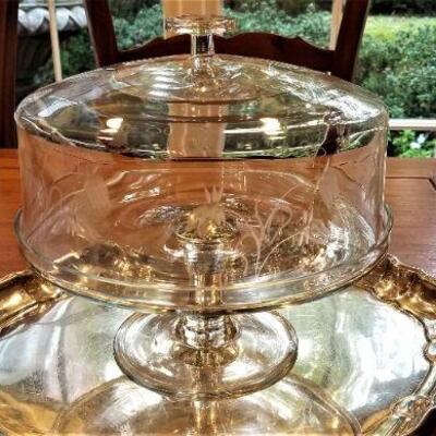 Lot #138  Silver Plate Serving Tray and Crystal Cake Plate on Stand