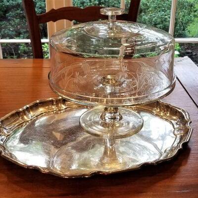 Lot #138  Silver Plate Serving Tray and Crystal Cake Plate on Stand