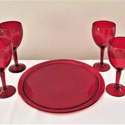 Lot #140  Set of Four Red Glass Goblets with Matching Tray