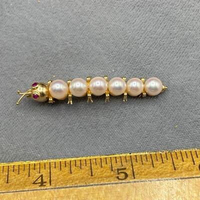 14k 585 & Pearl Caterpillar Brooch