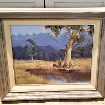 Lot #173  Original Oil on Canvas "Cattle at the Watering Hole" by Patricia Murphy, Listed Artist