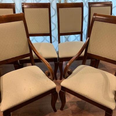 LOT 160  Upholstered Wood Frame 6 Dining Table Chairs   