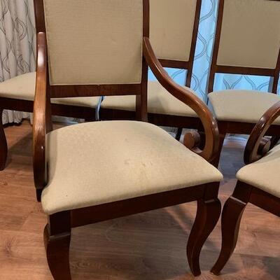 LOT 160  Upholstered Wood Frame 6 Dining Table Chairs   