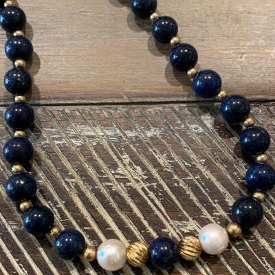 LOT 169  FINE JEWELRY LAPIZ LAZULI 14K GOLD & PEARLS NECKLACE