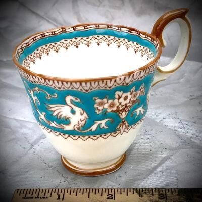 CROWN STAFFORDSHIRE ELLESMERE BROWN SCROLLS & GRIFFINS ON TURQUOISE TEACUP