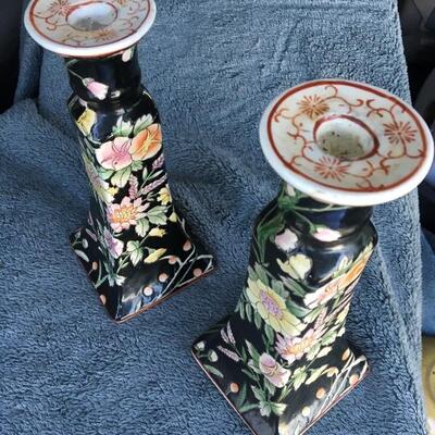 Antique Asian Porcelain Candle Holders 9”