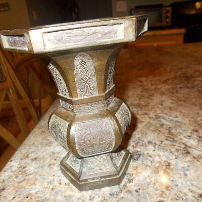 Antique Asian Brass Candlesticks and Vase