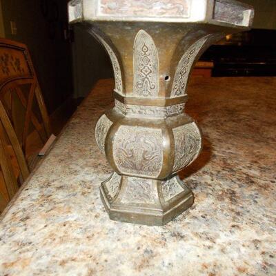 Antique Asian Brass Candlesticks and Vase