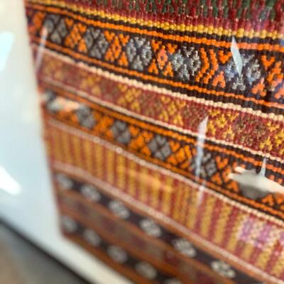Framed handwoven rug textile art 