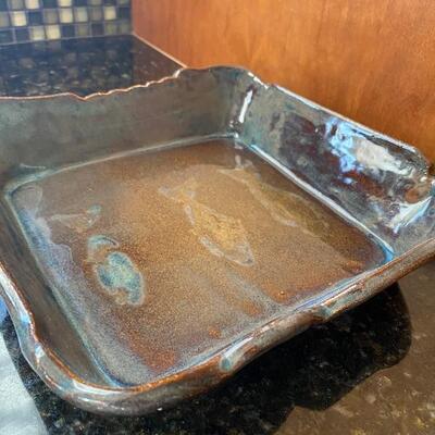 Handmade glazed pottery square dish 