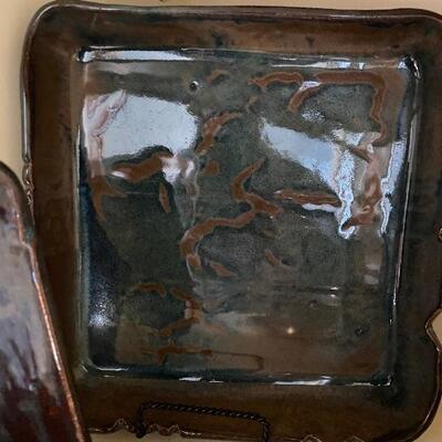 Handmade glazed pottery dish 