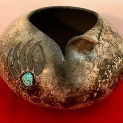 Southwest Bowl With Turquoise And Leather Base