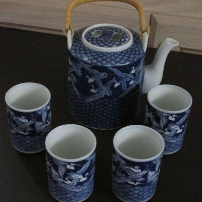 Lot 36- Set of Blue and White Crane Teapot and Cups