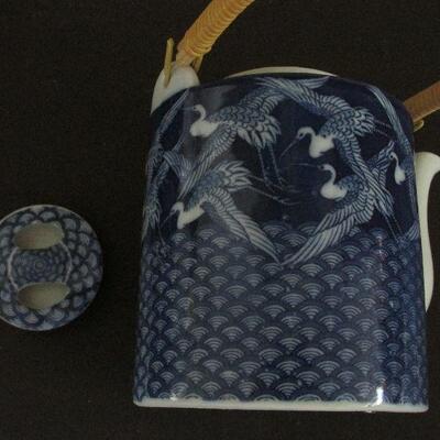 Lot 36- Set of Blue and White Crane Teapot and Cups
