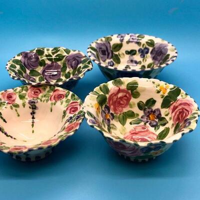 Cute Ceramic Stacking Decorative Bowls Fluted Hand-painted flowers pinks and purples