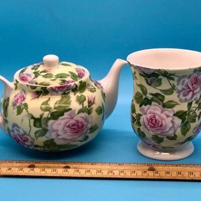Mini one-serving St. George Fine Bone China Floral Teapot and matching cup  | EstateSales.org