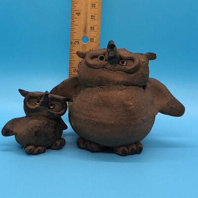 Hand-made Dumpy Ugly Clay Owl Figurine Baby & Parent, no signature