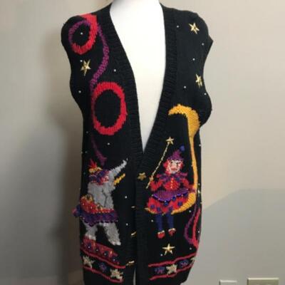 vintage Decorated Knit Vest with wizards and celestial patterns by Marisa Christina