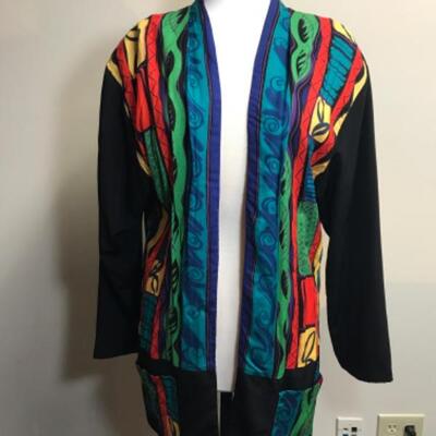 Bold, Wild, Multi-colored lightweight Cardigan sweater 100% rayon by Karen of Karen, size L large