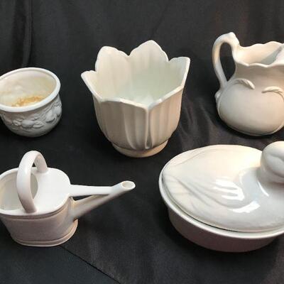 WHITE POTTERY LOT - 5 pieces - tulip pot, duck casserole, watering can, water pitcher, small majolica pot